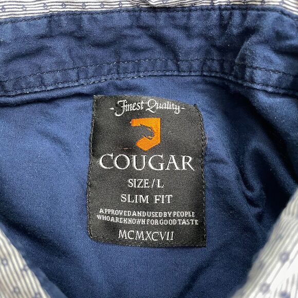 Cougar Slim Fit Button Down Shirt Mens Large Blue Pinstripe Diamond Print Cotton - Picture 4 of 11